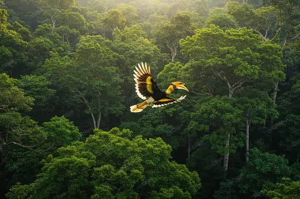 Majestic Toucan in Flight Over Rainforest