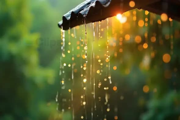 Rain Dripping from Roof with Sunlit Bokeh in Background