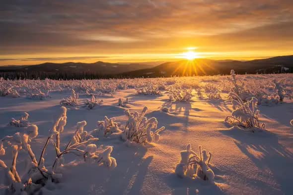 Stunning Winter Sunrise Illuminates Snowy Mountain Landscape