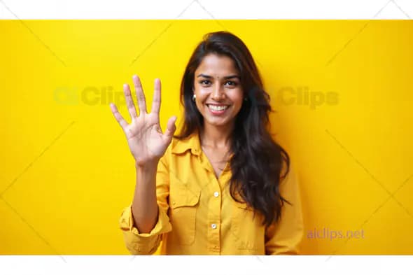 Smiling Woman Waving with Open Hand Gesture