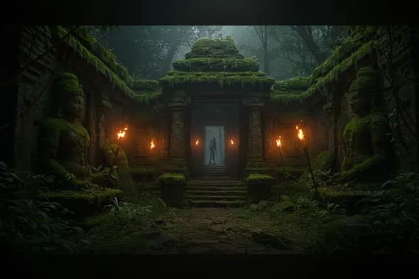 Ancient Jungle Temple with Moss-Covered Statues and Torchlit Path – Mysterious Indian Explorer Scene