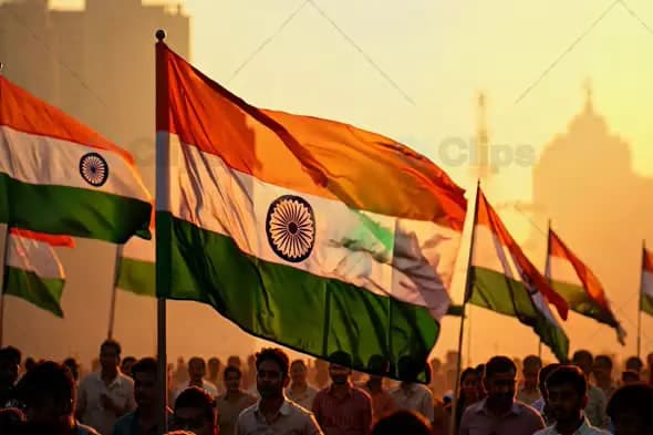 Indian Flags Waving at Patriotic Gathering in Golden Sunset