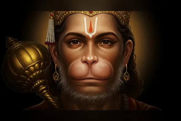 Majestic Hanuman Portrait with Golden Gada – Perfect for Devotional Thumbnails & Posters