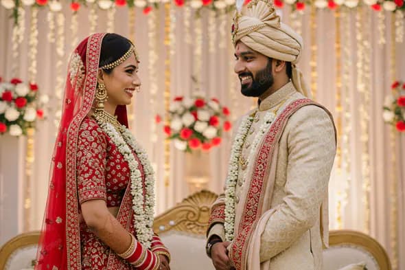 Radiant Couple in Traditional Indian Wedding Attire