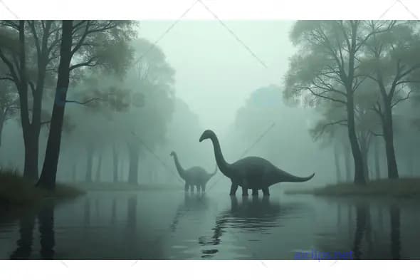 Dinosaurs Walking Through a Misty Prehistoric Forest