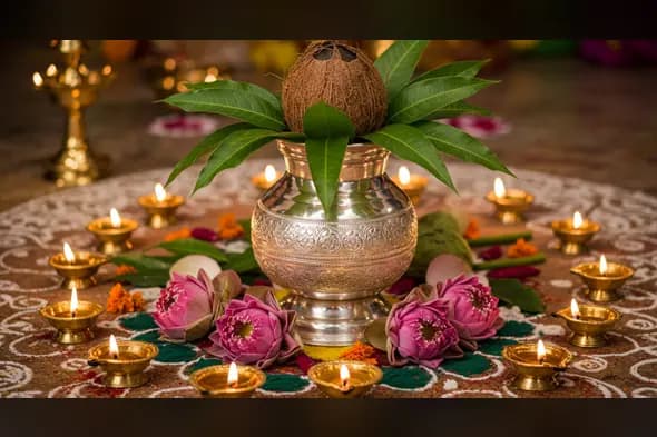 Kalash with Coconut, Mango Leaves & Brass Diyas | AIClips Traditional Puja Visual