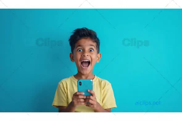 Excited Boy Holding Smartphone