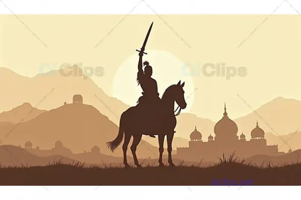 Warrior on Horseback Silhouette with Sword in Indian Landscape