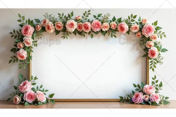 Floral Frame with Pink Roses and Green Leaves