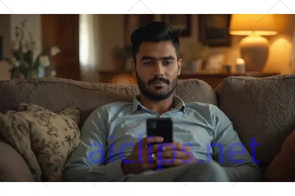 Focused Man Using Smartphone on Couch