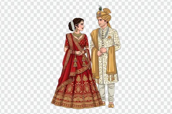 Traditional Indian Wedding Couple Ornate Attire PNG Clipart