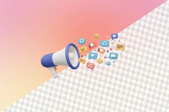 Megaphone broadcasting social media icons and emojis