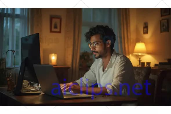 Man Working Late on Laptop in Home Office with Cozy Lighting