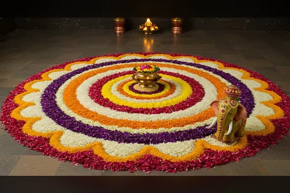 Traditional Onam Pookalam with Brass Diya & Elephant Idol | AIClips Festival Decor Photo