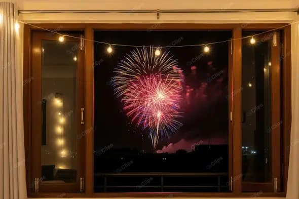 Apartment Window View of Festive Fireworks