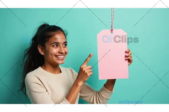 Smiling Woman Holding Pink Tag on Turquoise Background