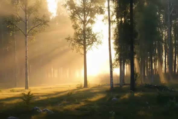 Enchanting Forest Sunrise Rays Illuminating Misty Woodland