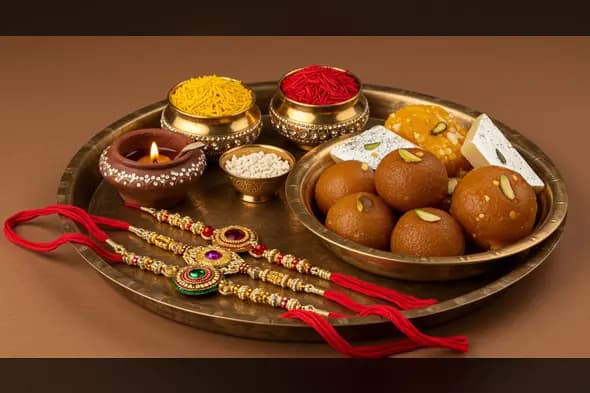 Elegant Raksha Bandhan Thali with Sweets, Diya & Rakhis | AIClips Traditional Festival Scene