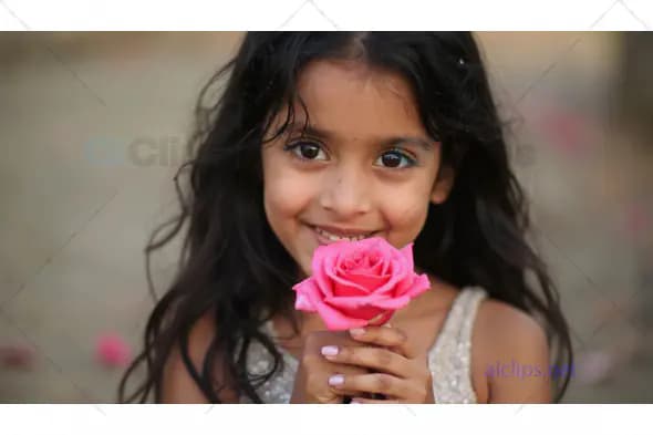 Smiling Girl Holding Pink Rose