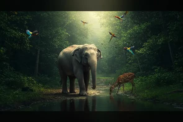 Peaceful Jungle Scene with Elephant, Deer, and Flying Parrots