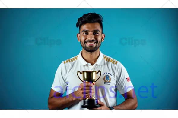 Smiling Male Cricketer with Trophy