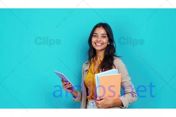 Smiling Student with Notebooks and Tablet