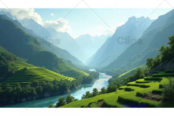 Majestic Mountain Valley with Terraced Rice Fields and River