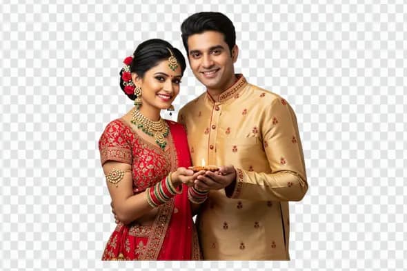 Traditional Indian Couple Holding Festival Diya Lamp PNG