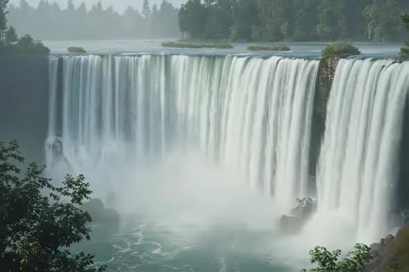 Magnificent Waterfall Cascades Amidst Misty Forest Landscape