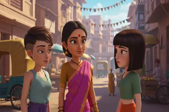 Animated Trio in Vibrant Indian Street