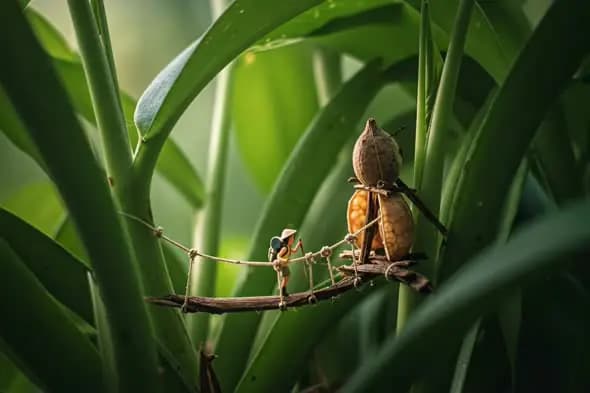Miniature Explorer Crossing a Tiny Jungle Bridge