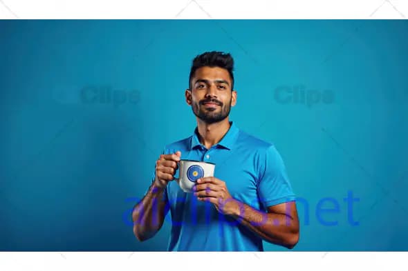 Man Holding Ceramic Mug in Blue Shirt