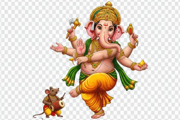 Dancing Ganesha with Musical Mouse Companion PNG