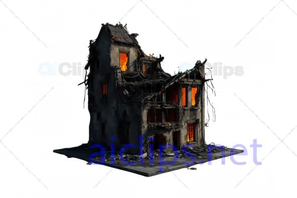 3D Burning Collapsed Building Ruins