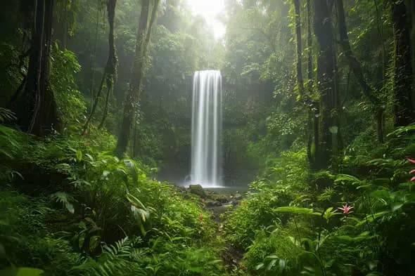 Misty Rainforest Waterfall Cascading Through Lush Greenery