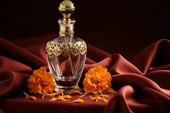 Luxurious Indian Perfume Bottle on Silk with Marigold Flowers