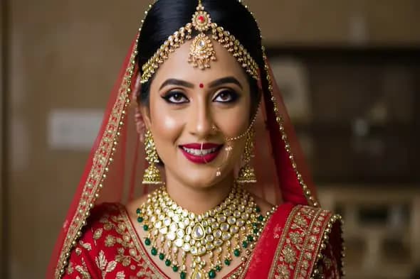 Beautiful Indian Bride in Red Lehenga with Traditional Jewelry