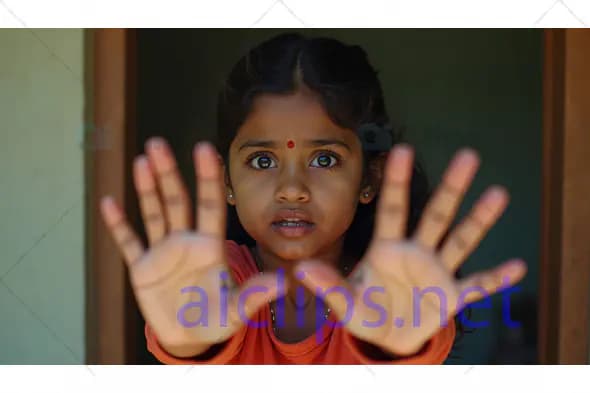 Little Girl with Hands Raised in Fear