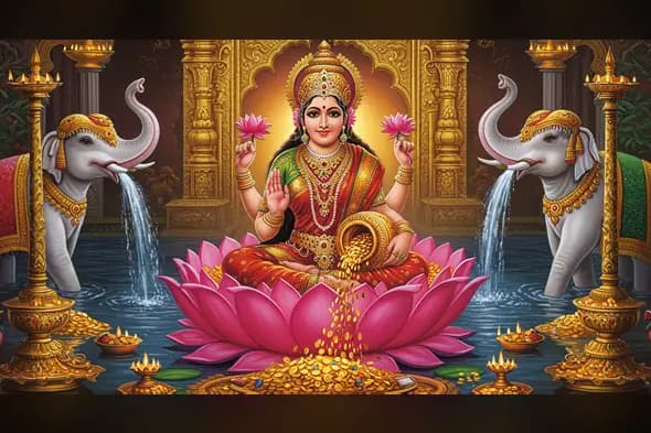 Goddess Lakshmi-Inspired Divine Art – Lotus, Gold Coins & Elephants | AIClips Devotional Thumbnail