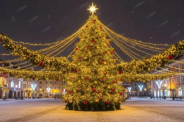 Majestic Christmas Tree in a Snowy Town Square