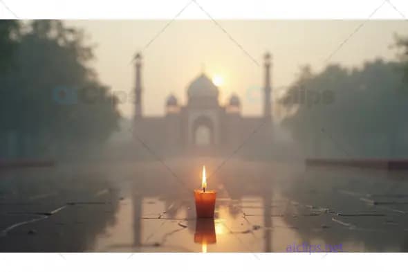 Single Candle Illuminating Path to Taj Mahal at Sunrise