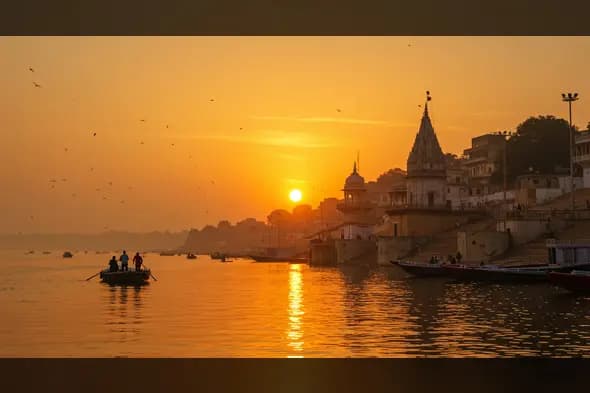 Golden Sunrise Over Varanasi Ghats with Boat on the Ganges