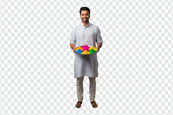 Indian Man Holding Holi Festival Colors Plate PNG Clipart