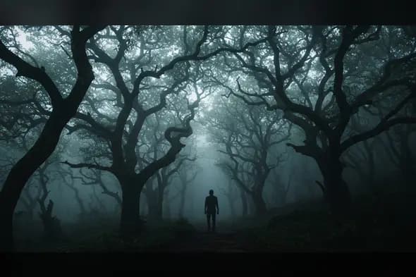 Lone Man in Haunted Forest – Atmospheric Horror Scene with Misty Trees