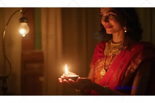 Indian Woman Holding Diya Lamp in Traditional Attire