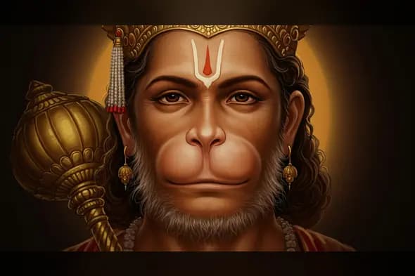 Divine Hanuman Close-Up Portrait with Golden Gada – Ideal for Devotional Posters & Thumbnails