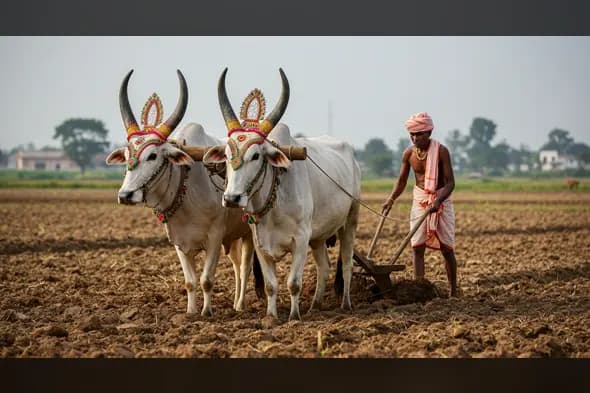 Indian Farmer with Decorated Oxen Ploughing Land | Rural Farming Scene | AIClips Cultural India