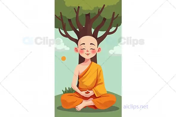 Cartoon Monk Meditating Under Tree Illustration