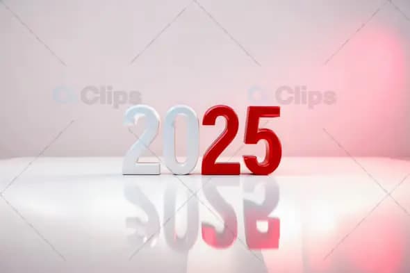 Minimalist 3D "2025" New Year Text with Red and White Reflection