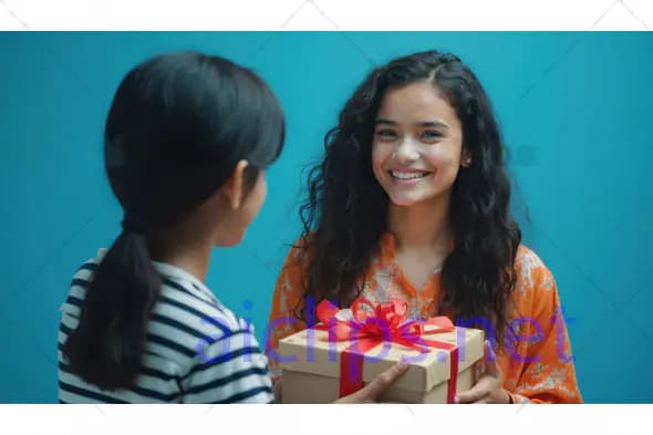 Girl Giving Gift to Friend with Smile